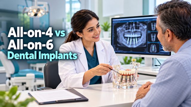 All-on-4 vs All-on-6 dental implants – dentist explaining a full-arch implant model and CBCT scan at Zen Dental Studio, Hyderabad